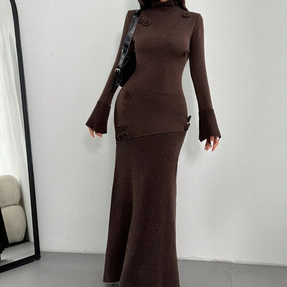 Brown Women's Elegant High Neck Long Floral Sweater Maxi Dress - Picture 5 of 6